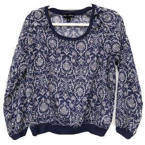 Mason Mackenzie Sheer Sweater Top Size M Long Sleeve Damask Navy Blue White